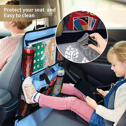 LUCMO Car Backseat Organizer with Touch Screen Tablet Holder-2 Pcs,9 Storage Pockets Car Storage Organizer Protectors Kick Mats Travel Accessories for Kids-Light Blue