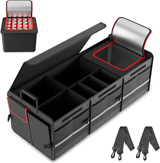 MEI&CO Car Trunk Organizer - 2.5mm PP Board Built, 35L Leakproof Cooler, 105L Capacity, 2 Tie-Down Straps, 4 Adjustable Dividers, Foldable Design for SUVs, Trucks, and Cars