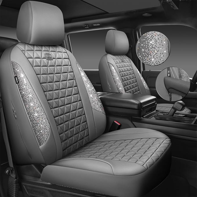 CAR PASS Bling Diamond Gray Leather Car Seat Covers Full Sets Interior Sets, Waterproof Shining Glitter Sparkly Crystal Universal Armrest Fit for Automotive Truck SUV Cute Women Girl, Gray Rhinestone