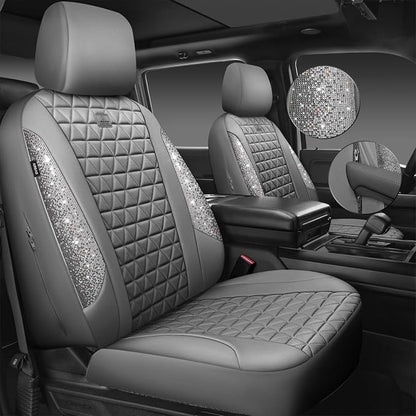 CAR PASS Bling Diamond Gray Leather Car Seat Covers Full Sets Interior Sets, Waterproof Shining Glitter Sparkly Crystal Universal Armrest Fit for Automotive Truck SUV Cute Women Girl, Gray Rhinestone