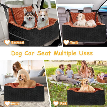Dog Car Seat for Medium/Large Dog Booster Seat Under 60 lbs or 2 Small Dogs, Multi-Functional Pet Car Seat with Thick Cushion, 2 Safety Leashes (Black/Red Brown, Medium)
