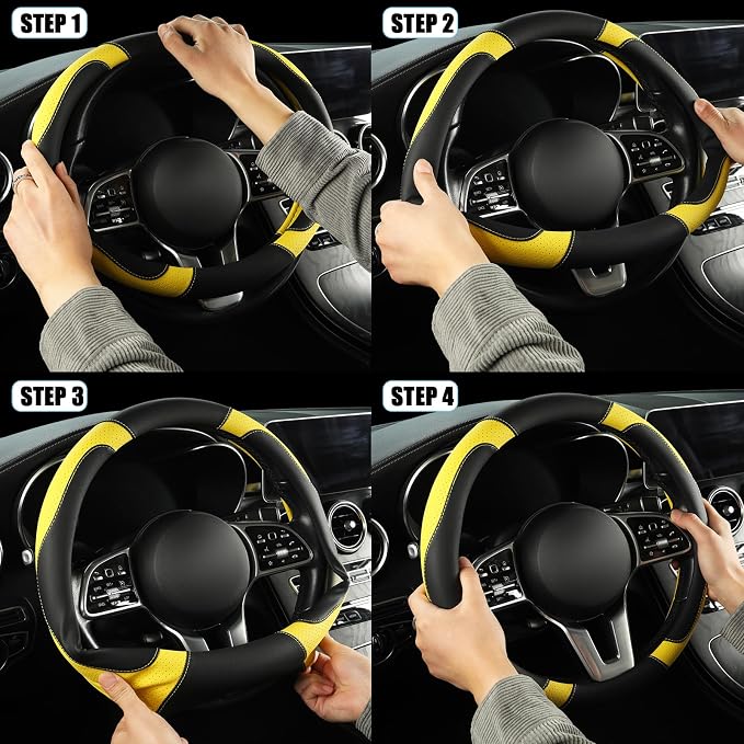 Microfiber Leather Steering Wheel Cover Large for Ford F150 F250 F350 RAM 4Runner Tacoma Tundra Range Rover Model X Model S, Breathable, Anti Slip, 15.5 inch to 16 inch, Black with Yellow