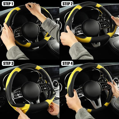 Microfiber Leather Steering Wheel Cover, Breathable, Anti Slip, Universal 15 inch, Black with Yellow