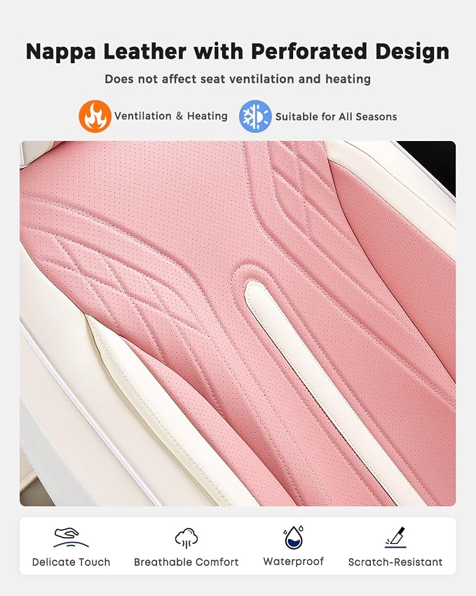 Huidasource Car Seat Covers Full Set, Universal Fit for Most Cars SUV Trucks, Full Coverage Nappa Leather Seat Cover, Airbag, Cupholder Compatible, Seat Function Retain, White&Pink
