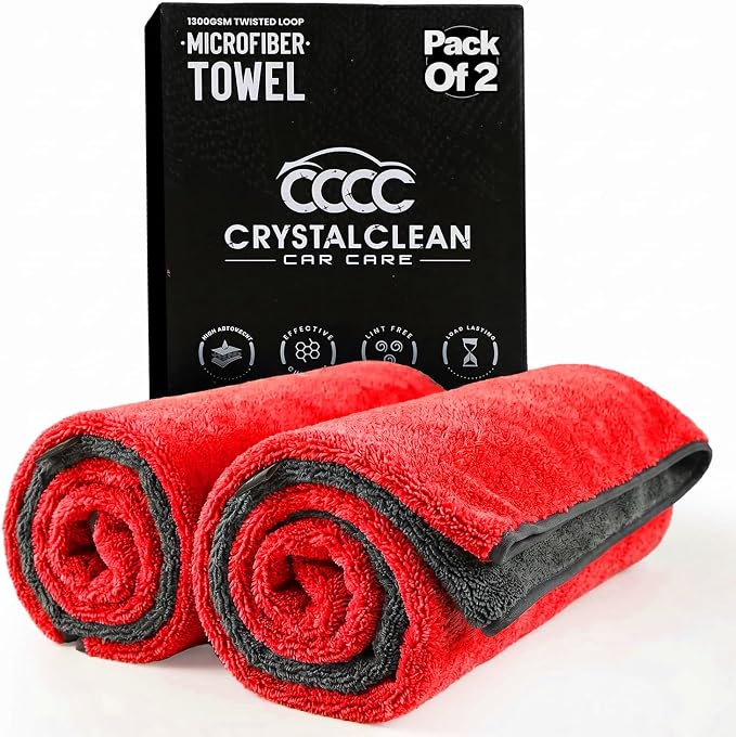 Crystal Clean 1300GSM Microfiber Towels for Cars – XL Drying Towel with Double Twisted Loop, Professional Detailing Towel Car Detailers - Quick Dry, Paint Safe & Swirl-Free (2 Pack Red)