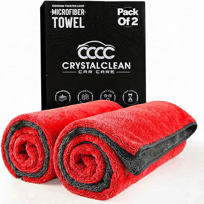 Crystal Clean 1300GSM Microfiber Towels for Cars – XL Drying Towel with Double Twisted Loop, Professional Detailing Towel Car Detailers - Quick Dry, Paint Safe & Swirl-Free (2 Pack Red)