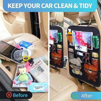 TCJJ Car Backseat Organizers with 10" Touch Screen Tablet Holder&9 Storage Pockets,Back Seat Organizer for Kids Waterproof Car Seat Organizer,Black/2 Pack