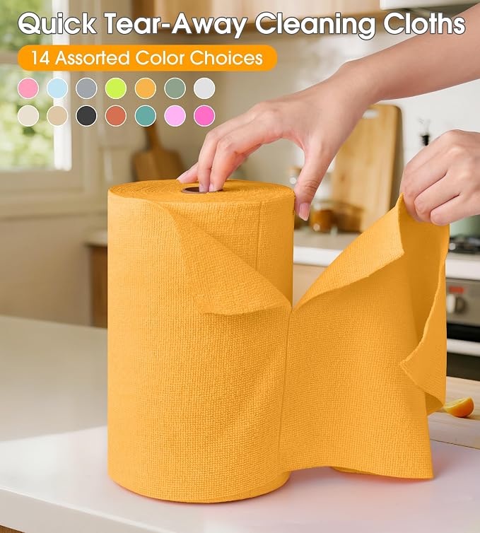 Microfiber Cleaning Cloth Roll–100 Pack, Tear Away Microfiber Towels, Reusable, Washable, Scratch-Free, Kitchen Towels for Car, Home, Kitchen, Glass, Dishes(Tangerine Yellow)