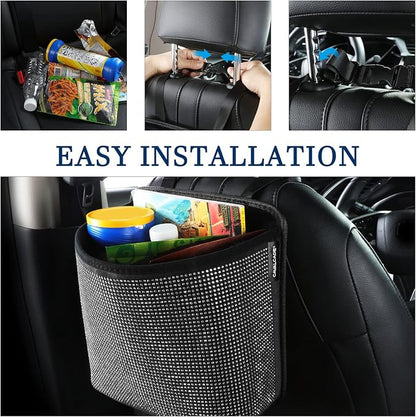 Cavalcade Car Back Seat Organizer, Bling Hanging Pocket, Large Seat Back Travel Caddy Bag, Diamond Trash Bin Garbage Container (White)