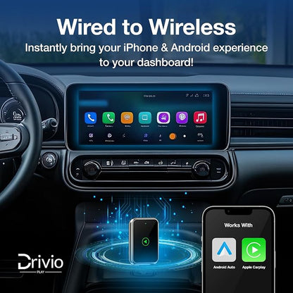 Drivio Wireless CarPlay Adapter for iPhone & Android | USB CarPlay Wireless Adapter with Screen Mirroring | 2026 Bluetooth Car Play Dongle Apple Play for Car Accessories Android Auto USB C & A