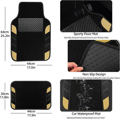 NBTEPEM 10 Pcs Car Floor Mats Full Set & Sport Leather Steering Wheel Cover 14.5-15 inch, Center Console Cover, Seat Belt Cushion, Cup Holder Coaster, Universal Automobile Interior Sets (Beige)