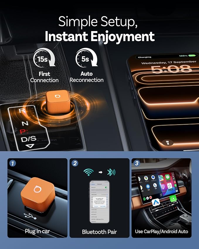 OTTOCAST Mini Cube 3.0 Wireless CarPlay & Android Auto Adapter 2026– Plug & Play, Fast Auto-Reconnect (Orange)