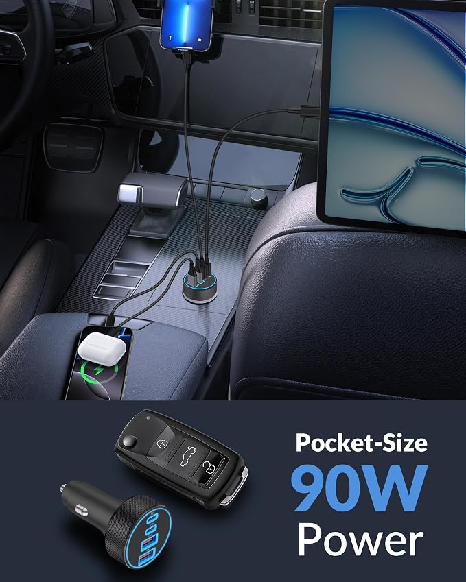 [2-Pack] Car Charger USB C, 4 in 1 90W Fast Charging 4-Port Dual 45W USBC & USB A Phone Car Charger Cargador Carro Lighter Adapter for iPhone 17 16 15 14 13 12 Pro Max, iPad, Galaxy, Tablet, Android