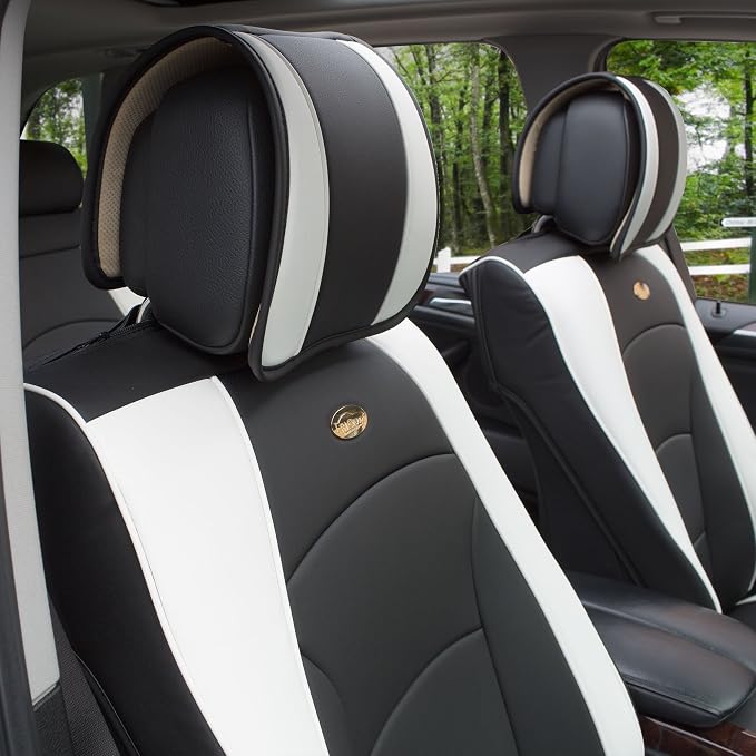FH Group Ultra Comfort Highest Grade Faux Leather Full Set Cushion Pads Car Seat Covers for Front and Rear– Universal Fit for Cars Trucks & SUVs (White/Black)
