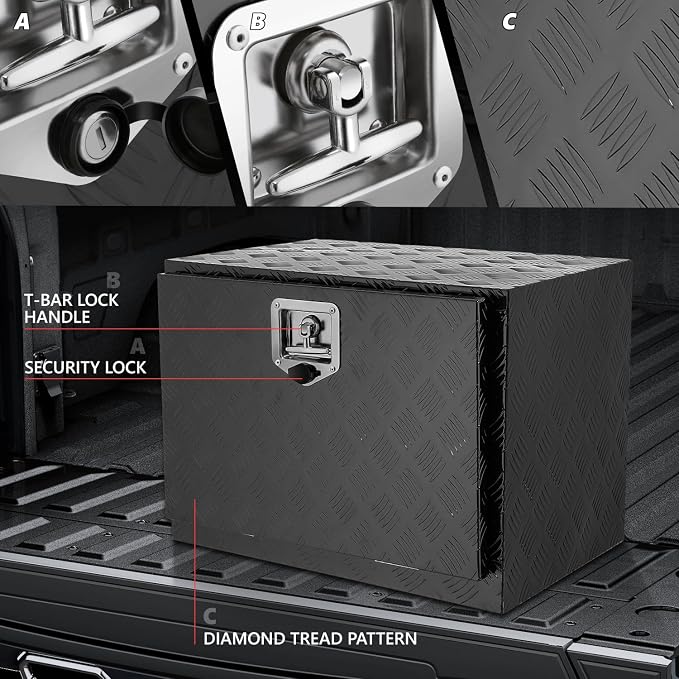 DNA MOTORING Truck Tool Box Lockable Storage Box, Truck Bed Tool Box Truck Bed Organizer Aluminum Truck Tool Boxes for Bed of Truck, w/Lock & Keys, 24"L X 18"D X 17.7"H Silver, TBOX-T5-003-BK