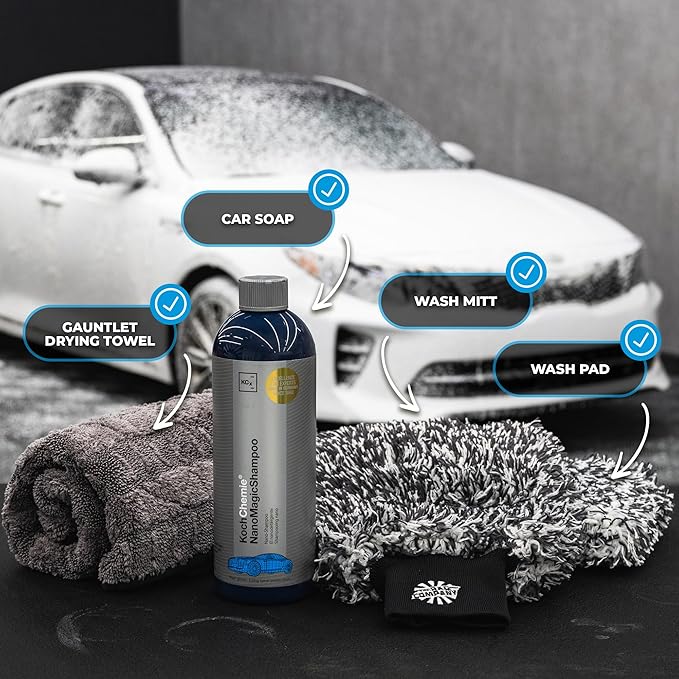 The Rag Company - Premium Essential Car Wash Kit Set - Scratch-Free Wash & Dry System with Korean Microfiber Drying Towel, Wash Mitt + Pad & Car Shampoo (4 Piece Kit)