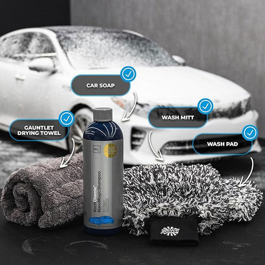The Rag Company - Premium Essential Car Wash Kit Set - Scratch-Free Wash & Dry System with Korean Microfiber Drying Towel, Wash Mitt + Pad & Car Shampoo (4 Piece Kit)