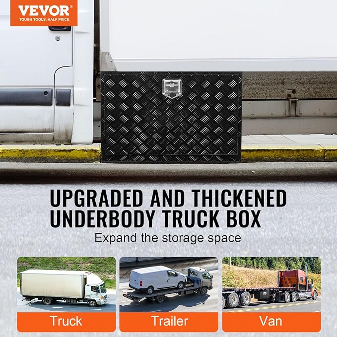 VEVOR Underbody Truck Box, 48"×17"×18" Pickup Storage Box, Heavy Duty Aluminum Diamond Plate Tool Box with Lock and Keys, Waterproof Trailer Storage Box with T-Handle Latch for Truck, Van, Trailer