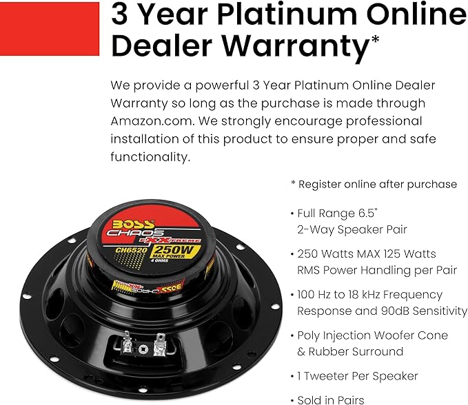 BOSS Audio Systems CH6520 6.5 Inch Car Speakers - 250 Watts Max, 2 Way, Full Range, 1 Inch Tweeter, Coaxial, Sold in Pairs