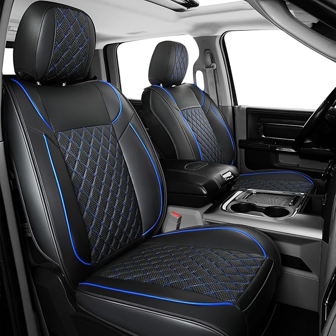 FREESOO Car Seat Covers Full Set for Dodge Ram 2002-2018 1500 & 2011-2026 2500 3500 Crew Quad Cab, 2019-2024 Ram 1500 Classic Leather Seat Cover, with Curved Bench, Black Blue