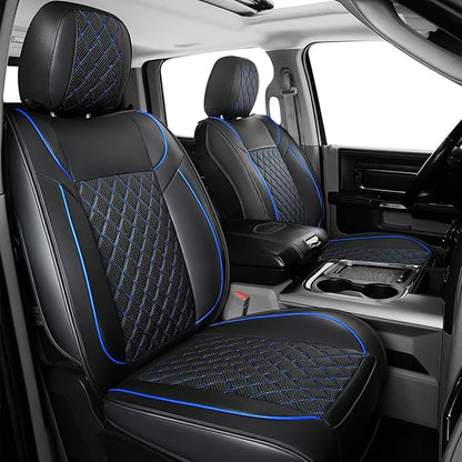 FREESOO Car Seat Covers Full Set for Dodge Ram 2002-2018 1500 & 2011-2026 2500 3500 Crew Quad Cab, 2019-2024 Ram 1500 Classic Leather Seat Cover, with Curved Bench, Black Blue