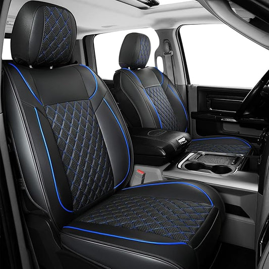 FREESOO Car Seat Covers Full Set for Dodge Ram 2002-2018 1500 & 2011-2026 2500 3500 Crew Quad Cab, 2019-2024 Ram 1500 Classic Leather Seat Cover, with Curved Bench, Black Blue