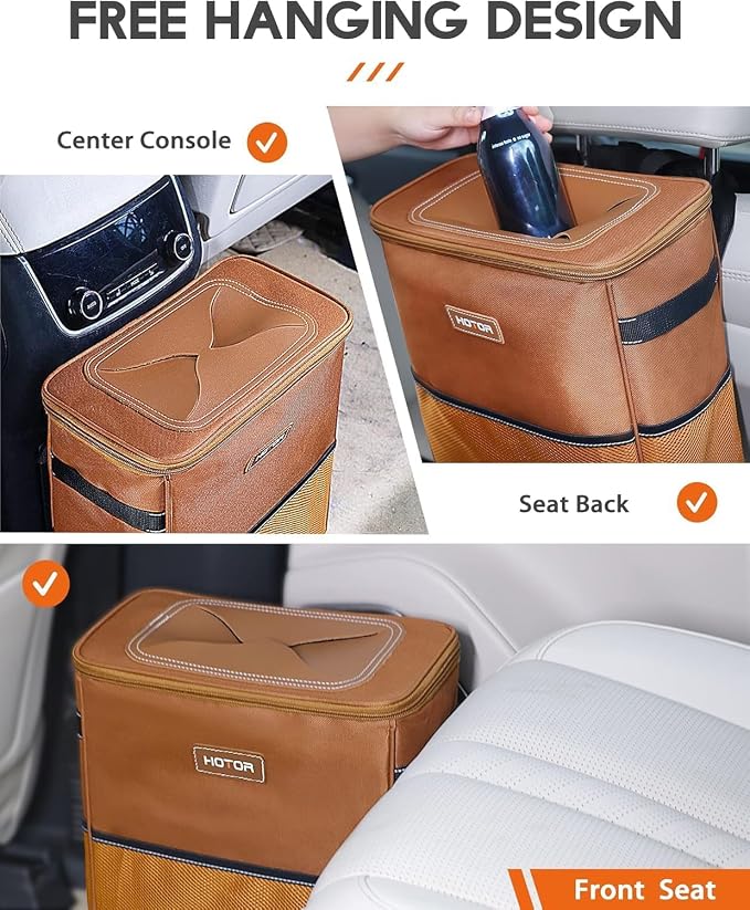HOTOR 3 Gallons Car Trash Can, Ultra Large Capacity Organizer and Storage with Adjustable Straps & Magnetic Snaps, Waterproof Car Accessory for Interior Car Stuff Storage, Brown