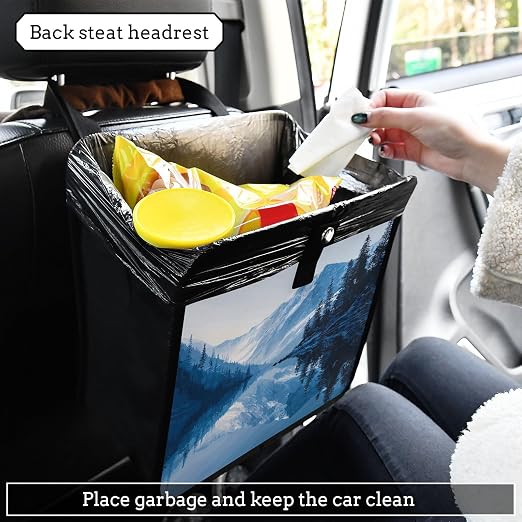 Car Trash Can Organizer Bin with Adjustable Strap for Back Front Seat Console Waterproof Leakproof Collapsible Portable 11 Inch Winter Blue Mountain and Mirrored Lake