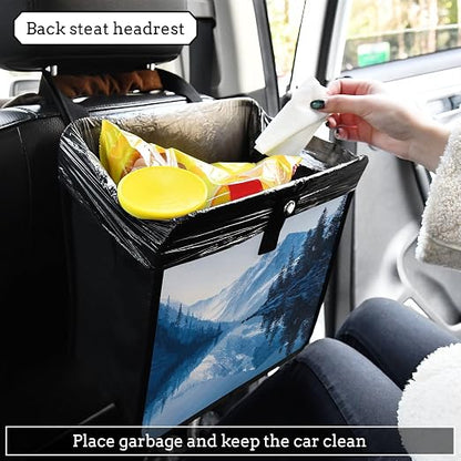 Car Trash Can Organizer Bin with Adjustable Strap for Back Front Seat Console Waterproof Leakproof Collapsible Portable 11 Inch Winter Blue Mountain and Mirrored Lake