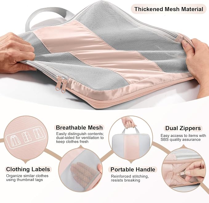 OlarHike 8 Set Compression Packing Cubes for Travel Gifts Mom Women,Airplane/Cruise/Car Travel Essentials,Compressible Expandable Space Saver Bags,Garment Bags with Over 1000 pcs Mesh Holes(Beige)