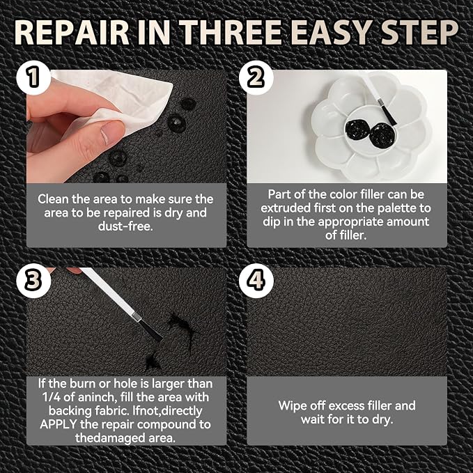 Black Leather Repair Kit for Furniture, Leather Couch Repair Kit for Car Interiors, Seats, Steering Wheel, Sofa, Shoes, Restore Leather Scratch, Tears & Burn Hole with Easy Instructions