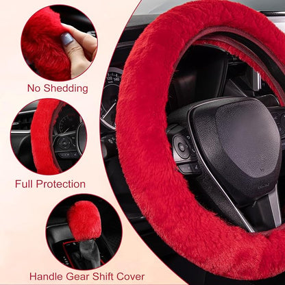 SEG Direct Furry Car Steering Wheel Cover with Fluffy Gear Shift Cover Soft Warm Non-Slip Car Decoration for Women Girls 2 PCS Set, Red