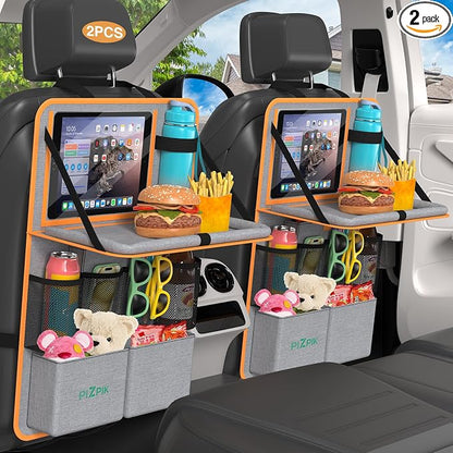 Plzpik Car Backseat Organizer with Tablet Holder,11 Storage Pockets with Foldable Food Tray, Protector Kick Mats for Kids, Travel Accessories Organizer (Orange, 2Pack)