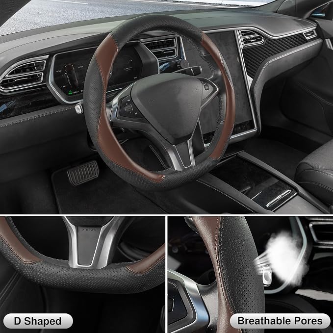 SEG Direct D Shaped Steering Wheel Cover, Flat Bottom Car Wheel Cover 14 1/2-15 in. (37-39 cm), Black and Mocha Brown Microfiber Leather