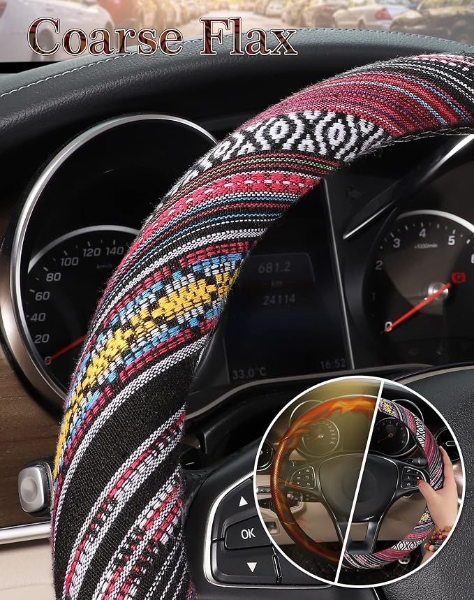 SEG Direct Boho Steering Wheel Cover with Baja Blanket Cloth, Ethnic Style Auto Wheel Cover Made of Coarse Flax, Fits 14 1/2-15 1/4 inches Car Wheel