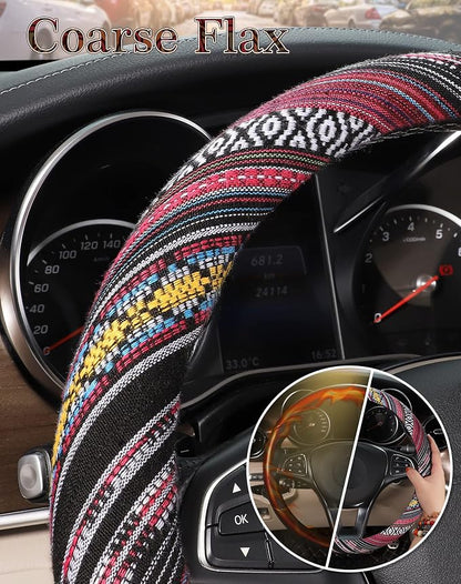 SEG Direct Boho Steering Wheel Cover with Baja Blanket Cloth, Ethnic Style Auto Wheel Cover Made of Coarse Flax, Fits 14 1/2-15 1/4 inches Car Wheel
