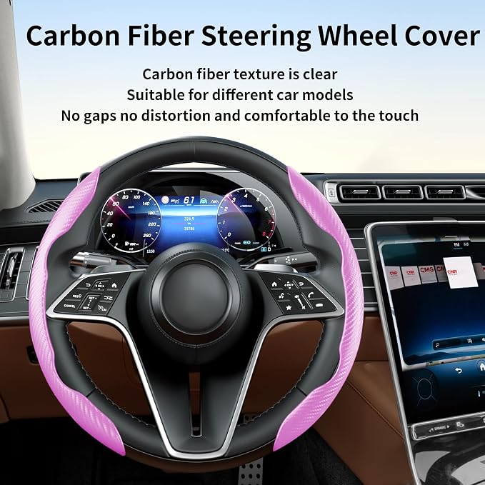 Carbon Fiber Steering Wheel Cover, 2-Piece Set Anti-Skid Comfortable Grip Segmented Butterfly Design, Easy Snap-On Installation Universal Fit 99% Cars, Pink
