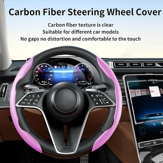 Carbon Fiber Steering Wheel Cover, 2-Piece Set Anti-Skid Comfortable Grip Segmented Butterfly Design, Easy Snap-On Installation Universal Fit 99% Cars, Pink