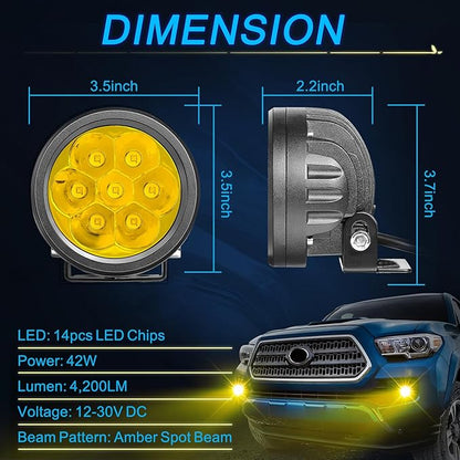 Amber LED Pod Lights, ACEC SHOP 2PCS 42W 3.5 Inch Round Fog Lights Spot Beam Driving Light Yellow Offroad Lighting Ditch Light Amber LED Pods for Truck Pickup SUV UTV ATV Boat Motorcycle
