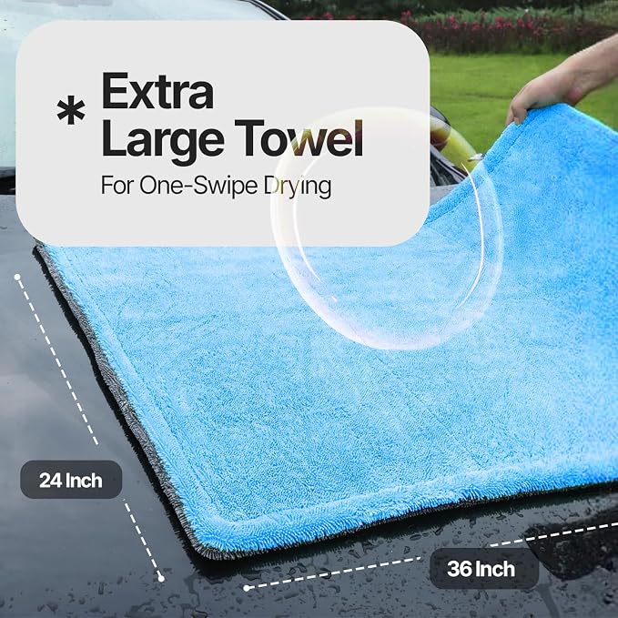 Crystal Clean 1300GSM Microfiber Towels for Cars – XL Drying Towel with Double Twisted Loop, Professional Detailing Towel Car Detailers - Quick Dry, Paint Safe & Swirl-Free (2 Pack Blue)