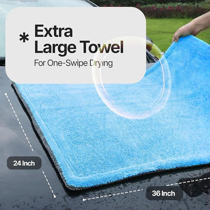 Crystal Clean 1300GSM Microfiber Towels for Cars – XL Drying Towel with Double Twisted Loop, Professional Detailing Towel Car Detailers - Quick Dry, Paint Safe & Swirl-Free (2 Pack Blue)