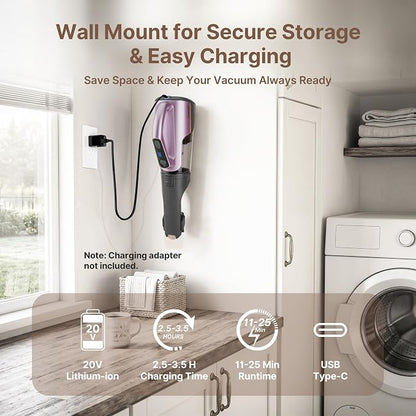Shop-Vac S4 20V Handheld Vacuum Cordless with Brushless Motor, Rotatable Nozzle, Dual-Speed Powerful 16000 Pa Suction Portable Vacuum for Home & Pet Hair, Wall-Mounted, LED Light, Purple