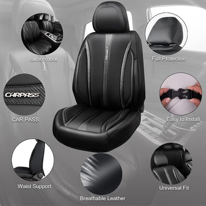 CAR PASS Nappa Leather Car Seat Covers Full Set & Carbon Fiber, Waterproof and Durable All Weather Protector, Universal Fit for SUV Pick-up Truck Sedan Automotive Vehicle Interior (5 Seats, Black)
