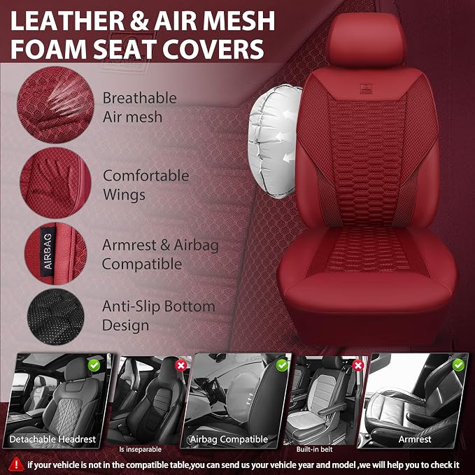 CAR PASS 3D Foam Mesh Leather Seat Covers Full Set, Wine Red Breathable Mesh Faux Leather Seat Covers for Car, Universal Fit for SUVs Vans Sedan Trucks Automotive,Armrest Airbag Compatible, Burgundy