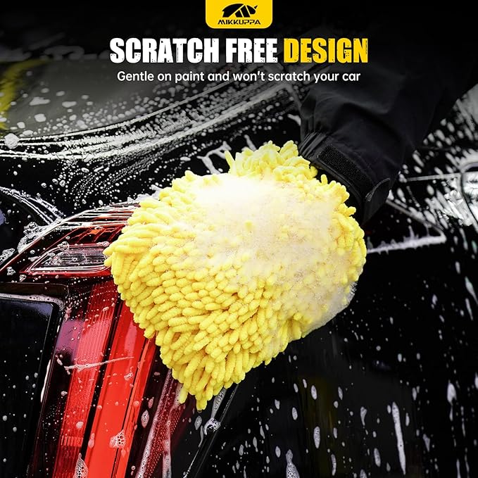 MIKKUPPA Car Wash Mitt Microfiber - Double-Sided Chenille Scratch Free Mitt with Waterproof Inner for Car Washing Home Cleaning (Yellow & Gray, 2Pack, 10'' x 7'')