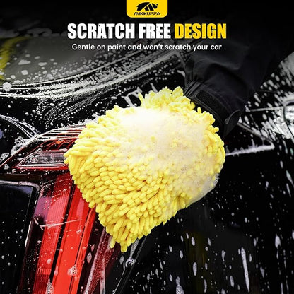MIKKUPPA Car Wash Mitt Microfiber - Double-Sided Chenille Scratch Free Mitt with Waterproof Inner for Car Washing Home Cleaning (Yellow & Gray, 2Pack, 10'' x 7'')