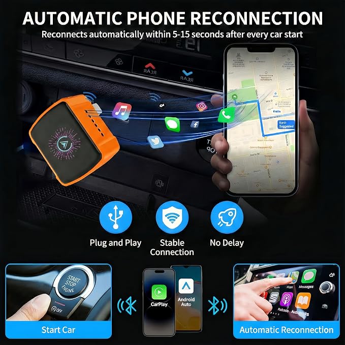 2026 New 2-in-1 Wireless CarPlay Adapter & Android Auto Dongle, Ultra-Mini 5GHz Fast Auto-Connect, Aluminum Shell & 7-Color RGB Logo, Plug & Play for OEM Wired Cars (iOS & Android)