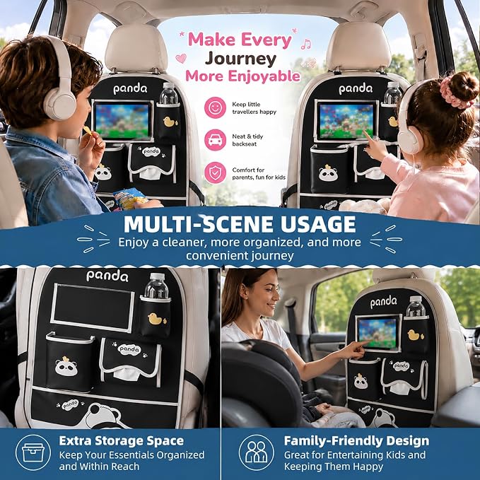 YUNZLAN Cute Panda Leather Car Backseat Organizer 1 Pack Car Seat Back Protectors with Clear 10" Tablet Holder + 4 Storage Pockets