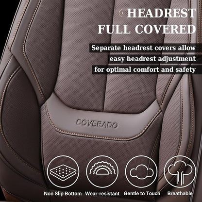 Coverado Front and Back Seat Covers, 5 Pieces Waterproof Nappa Leather Auto Seat Protectors Full Set with Head Pillow, Universal Car Accessories Fit for Most Sedans SUV Pick-up Truck, Brown