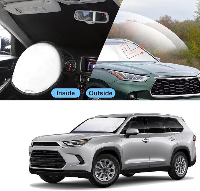 TINGLU Sun Shade for Toyota Highlander 2020-2024 2025 2026 Accessories Windshield Sun Shade Window Shade UV Rays Protection Sun Visor Cover with Steering Wheel Sunshade Storage Bag